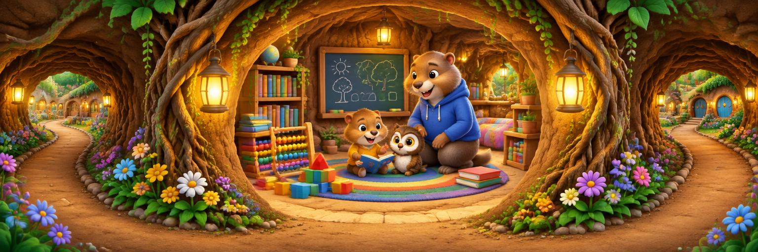 Baby gopher and owl learning in a lantern-lit academy, with a supervising grown-up and connecting tunnels