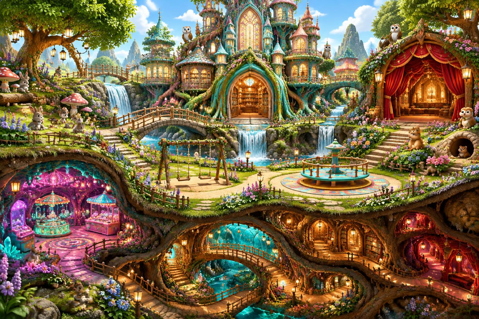 Magical Kids Village with a castle library, waterfall bridges, neon underground games, lantern tunnels and animal residents