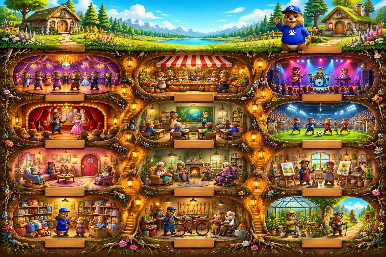 One flower-filled underground gopher village with twelve glowing chambers connected by winding lantern-lit tunnels. A cheerful gopher in a blue pawprint hoodie and cap welcomes neighbors.